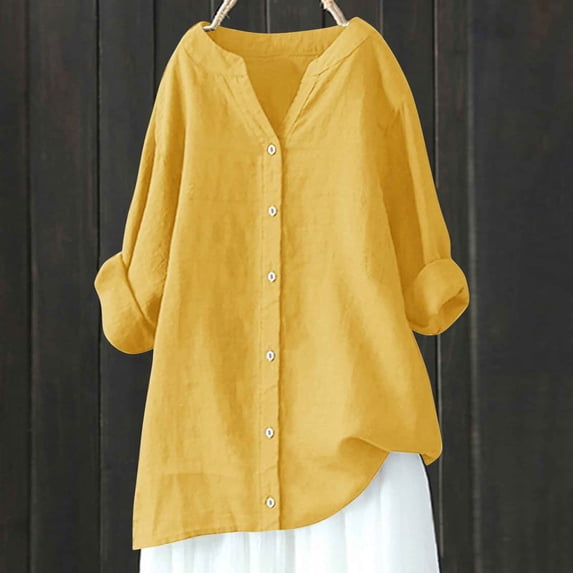 Womens Linen Shirts Button Down Casual Long Sleeve Turndown Collar Blouses Fall Solid Color Basic Beach Cardigans Top Comfortable Cotton Linen Shirt Yellow L