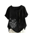 thumbnail image 1 of Womens Linen Shirts Cute Summer Tops Casual Linen Round-Neck Top Printed Short Sleeve Button T-shirt Blouse S, 1 of 4