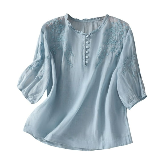Womens Linen Shirts Fashion Vintage Boho Embroidered Cotton Linen Tops Summer 3/4 Sleeve Button Crew Neck Shirts Casual Loose Peasant Blouses Lagenlook Tunic Top