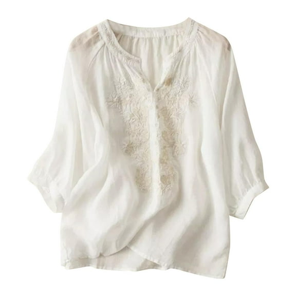 Womens Linen Shirts Fashion Vintage Boho Embroidered Cotton Linen Tops Summer 3/4 Sleeve Button Crew Neck Shirts Casual Loose Peasant Blouses Lagenlook Tunic Top