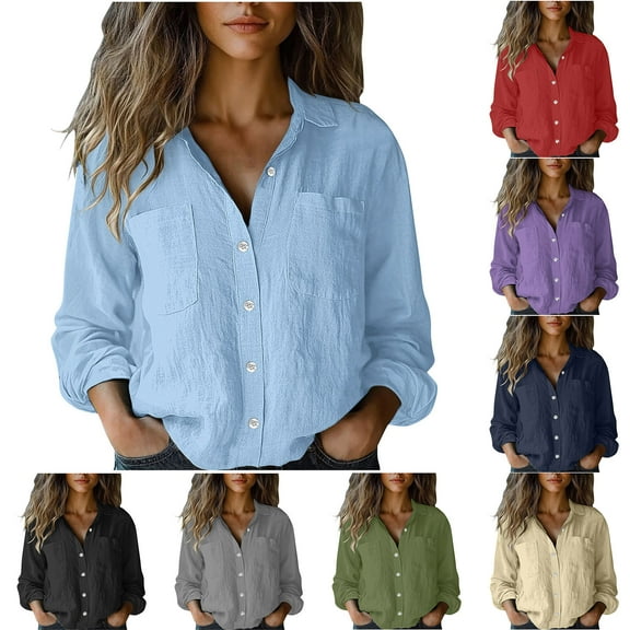 Womens Linen Shirts Long Sleeve T-Shirts V Neck Collared Button Down Blouse Casual Loose Office Work Plain Cotton-Linen Lagenlook Tops with Pockets