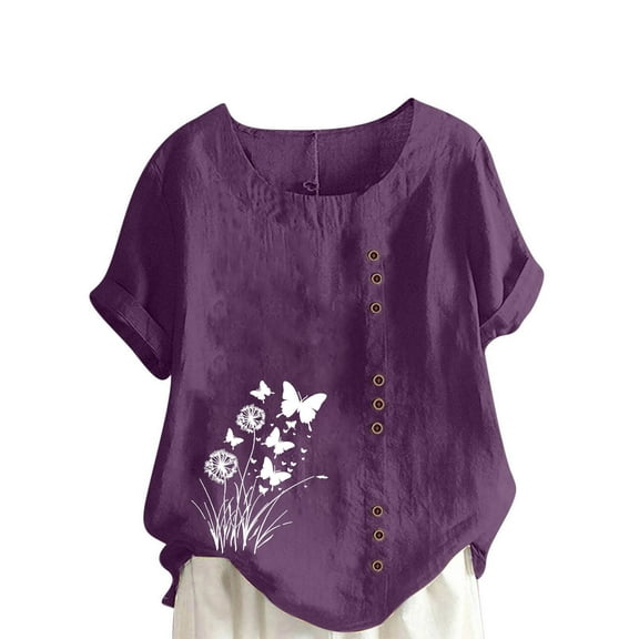 Womens Linen Shirts Plus Size Fashion Summer Boho Floral Shirt Short Sleeves Crewneck Loose Comfy T-Shirts Tops Purple Small