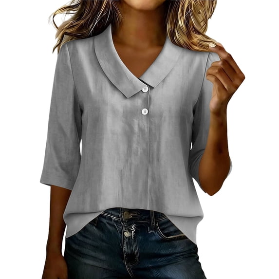 Womens Linen Shirts Summer 3/4 Sleeve Tops Dressy Casual Buttons V Neck Blouse Loose Fit Lightweight Tunic Tops,Gray,M