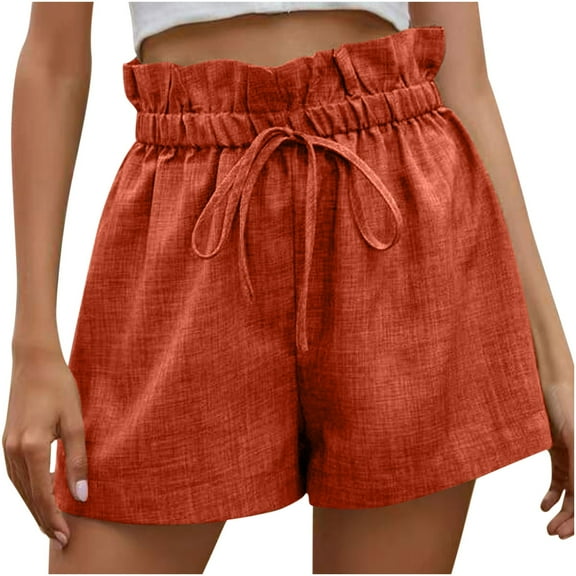 Womens Linen Shorts Casual Summer High Waist Paperbag Comfy Loose Solid Color Wide Leg Shorts with Pocket Drawstring