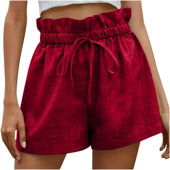 Womens Linen Shorts Casual Summer High Waist Paperbag Comfy Loose Solid Color Wide Leg Shorts with Pocket Drawstring