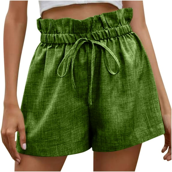 Womens Linen Shorts Casual Summer High Waist Paperbag Comfy Loose Solid Color Wide Leg Shorts with Pocket Drawstring