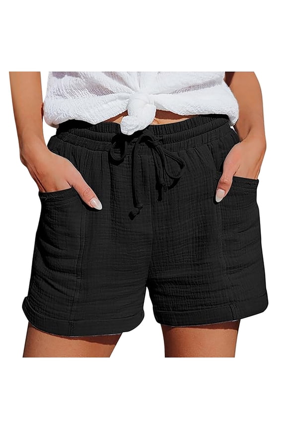 Womens Linen Shorts Elastic Waist Drawstring Comfy Shorts High Waisted With Pockets Gauze Short Comfy Shorts for Women Baggy Wide Leg Shorts Bermuda Shorts Loose Fit Shorts Black 3XL