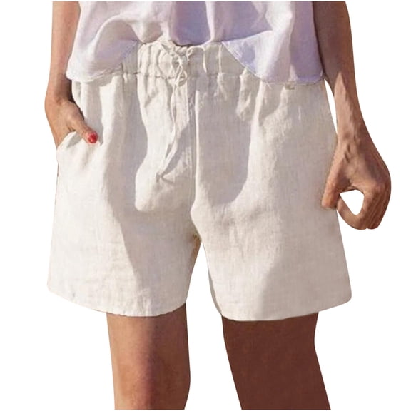 Womens Linen Shorts Elastic Waist Drawstring Cotton Linen Shorts with Pockets Loose Fit Outdoor Summer Beach Shorts White,XXXL