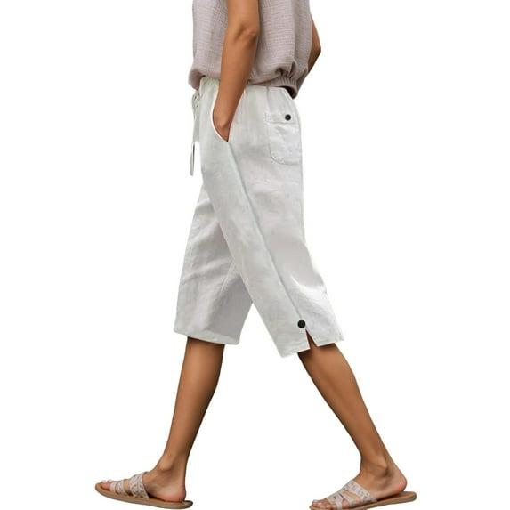 Womens Linen Shorts Knee Length Casual Loose Capri Pants Summer Elastic Waist Drawstring Pants With Pockets