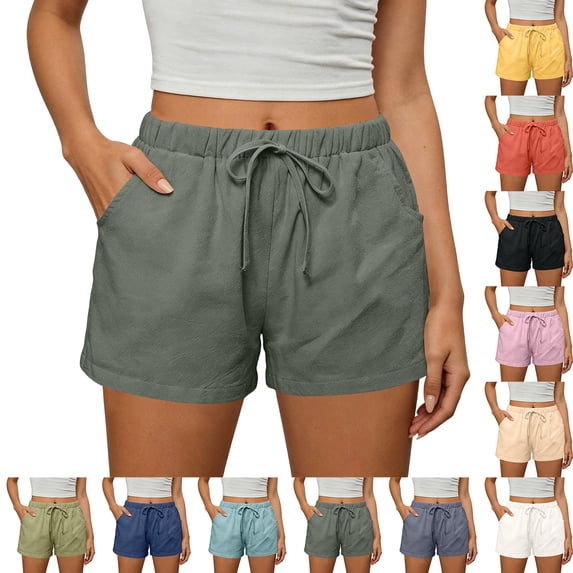 Womens Linen Shorts Lightweight Drawstring Elastic Waist Lounge Shorts Summer Casual Beach Bottom with Pocket, L