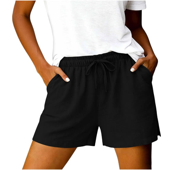 Womens Linen Shorts Striped Elastic Waist Drawstring Side Split Sporty Shorts Pants With Pockets