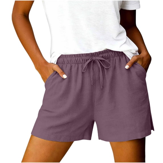 Womens Linen Shorts Striped Elastic Waist Drawstring Side Split Sporty Shorts Pants With Pockets
