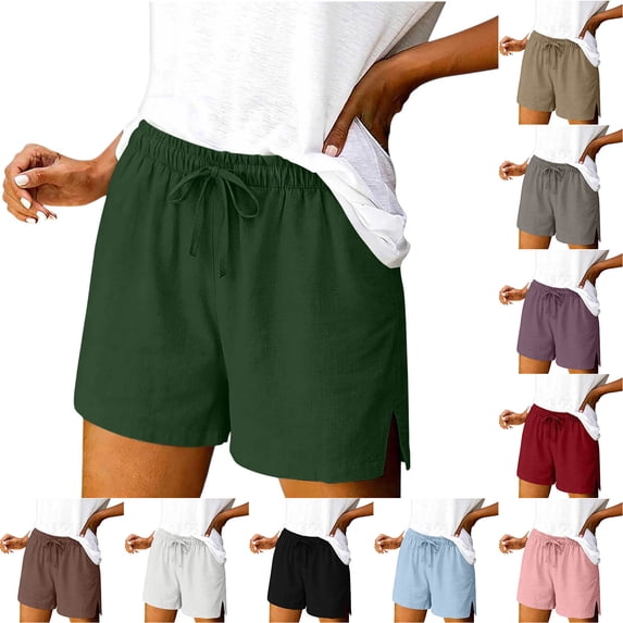 Womens Linen Shorts Striped Elastic Waist Drawstring Side Split Sporty Shorts Pants With Pockets