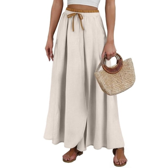 Womens Linen Skirt Cotton Maxi Skirt Casual Flowy Swing Elastic High Waist A-Line Split Long with Pockets