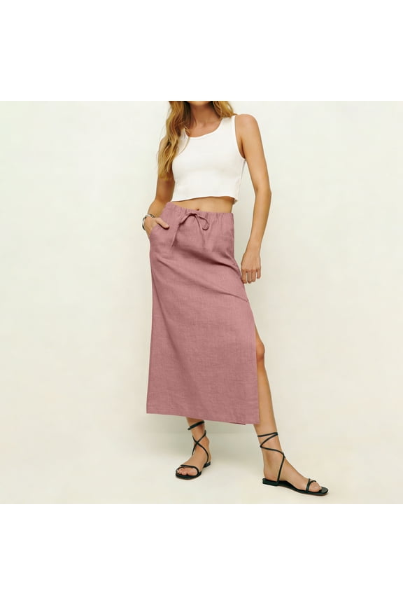 Womens Linen Skirts Trendy Elastic Waist Drawstring Long Skirts with Slit