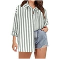 thumbnail image 1 of Womens Linen Striped Shirt Button Down Plus Size Casual Rolled Long Sleeve Blouses Loose Lapel Collared Shirts (2XL, Green), 1 of 2