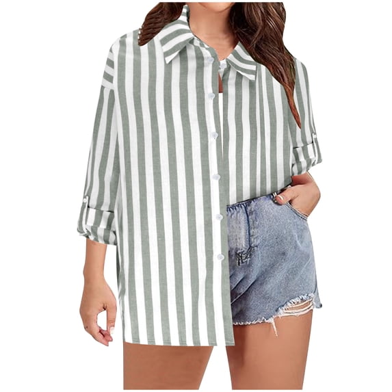 Womens Linen Striped Shirt Button Down Plus Size Casual Rolled Long Sleeve Blouses Loose Lapel Collared Shirts (2XL, Green)