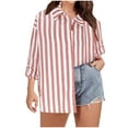 thumbnail image 1 of Womens Linen Striped Shirt Button Down Plus Size Casual Rolled Long Sleeve Blouses Loose Lapel Collared Shirts (4XL, Hot Pink), 1 of 2