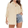 thumbnail image 1 of Womens Linen Striped Shirt Button Down Plus Size Casual Rolled Long Sleeve Blouses Loose Lapel Collared Shirts (XL, Yellow), 1 of 2