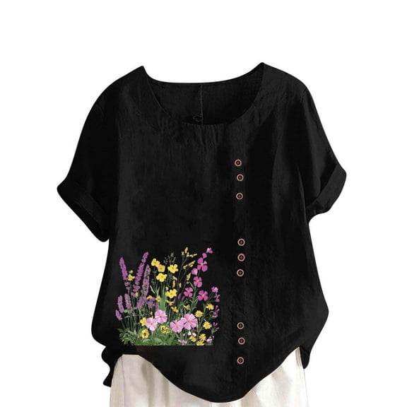 Womens Linen T Shirts Crew Neck Short Sleeve Button Floral Print Pullover Tops Summer Trendy Loose Casual Blouse (XXL, Black-A)