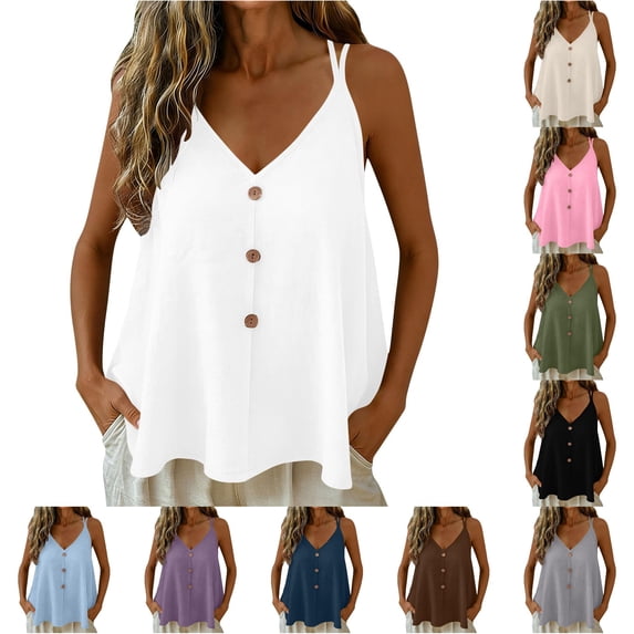 Womens Linen Tank Top Adjustable Strap V Neck Tank Top Button down Casual Loose Fit Top Blouse Size 2XL