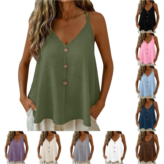 Womens Linen Tank Top Adjustable Strap V Neck Tank Top Button down Casual Loose Fit Top Blouse Size XL