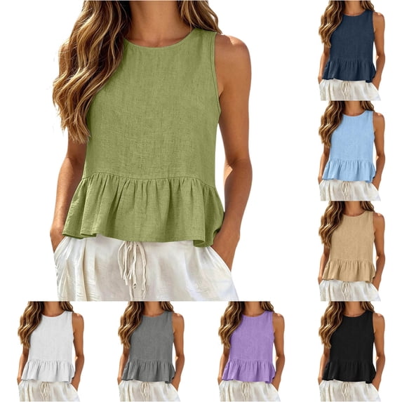 Womens Linen Tank Tops Casual Sleeveless Tank Summer Beach Cute Sleeveless Shirts Ruffled Top Size M