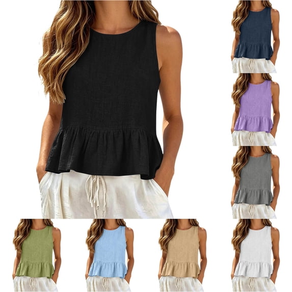 Womens Linen Tank Tops Casual Sleeveless Tank Summer Beach Cute Sleeveless Shirts Ruffled Top Size S