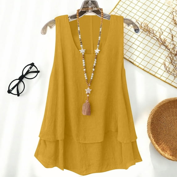 Womens Linen Tank Tops, Ladies Cotton-Linen Vest Top Solid Plain Sleeveless Tshirts Pearl Button V-Neck Blouses Summer Beach Holiday Tanks Loose Fit Basic Tee Shirt Yellow M