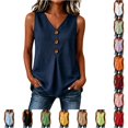 thumbnail image 1 of Womens Linen Tank Tops Summer Casual Sleeveless V Neck Button Camisole Top Blouse Size 2XL, 1 of 4