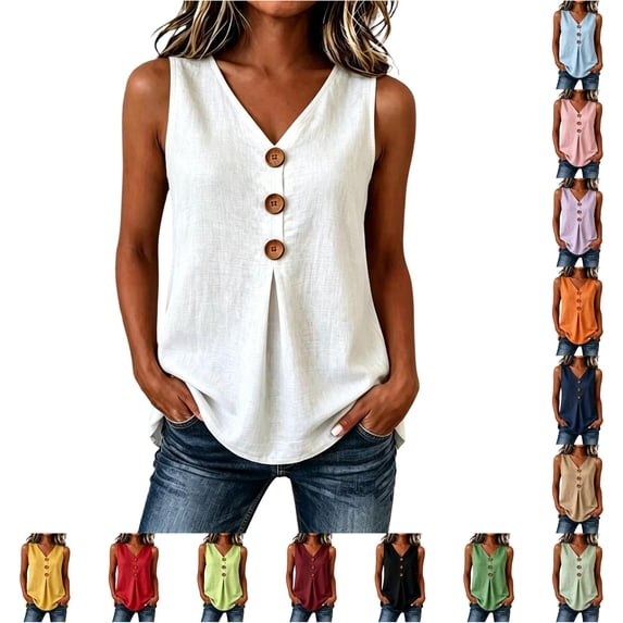 Womens Linen Tank Tops Summer Casual Sleeveless V Neck Button Camisole Top Blouse Size XL