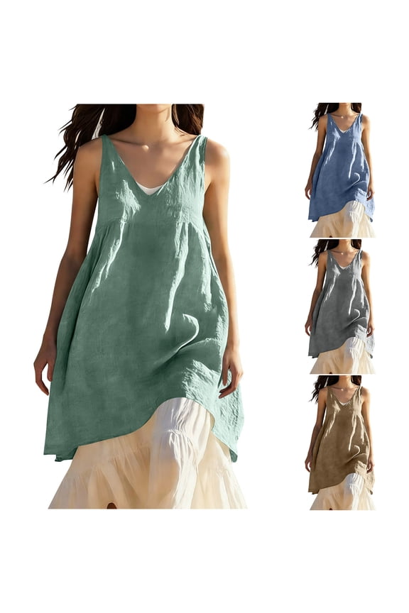 Womens Linen Tanks Boho Flowy V Neck Sleeveless Tunic Blouses Beach Wear Lightweight Breathable Shirts