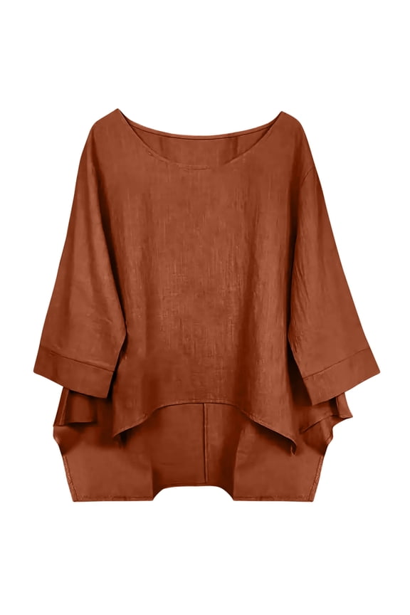 Womens Linen Top Casual Oversized Shirt with Batwing Sleeve, Loose Fit 3/4 Sleeve Blouse in Brown,Size S