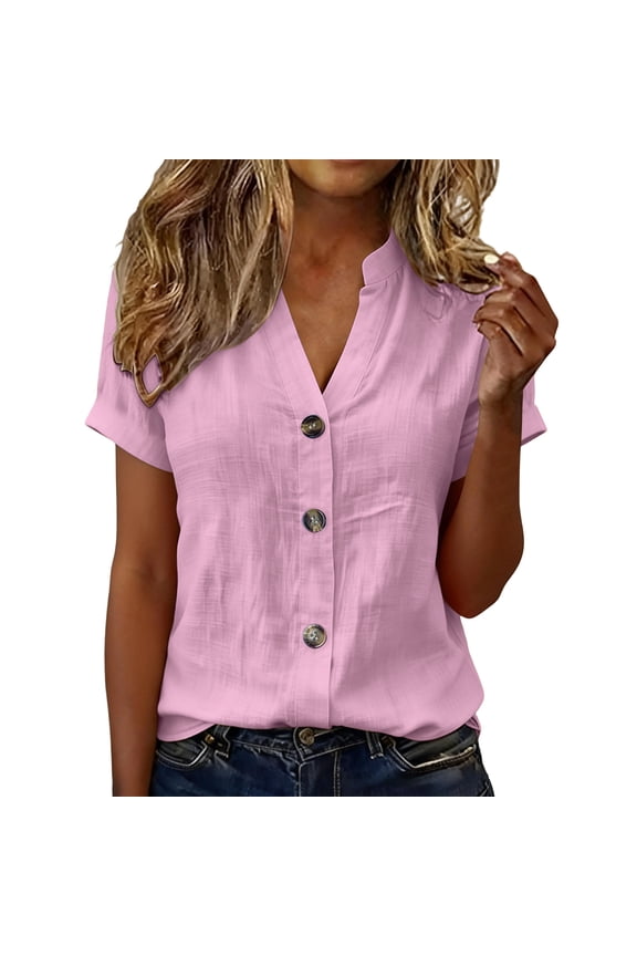 Womens Linen Top Short Sleeve Button Down - Relaxed Fit V-Neck Blouse, Breathable Casual Shirt for Everyday & Summer Wear, Pink S-XXL,Size 2XL