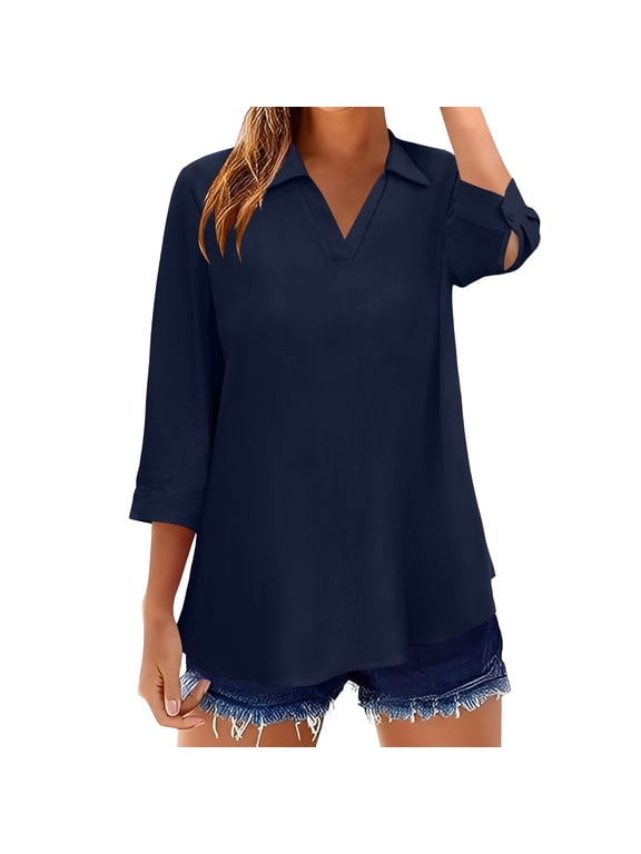 Womens Linen Tops 2026 V Neck T Shirts Half 3/4 Sleeve Longline Blouses Plain Tunic Top Casual Pullover Loose Fits Tee Shirt Oversized Shirt with Leggings Beach T-Shirts
