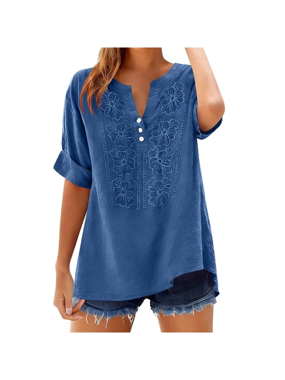 Womens Linen Tops 2026 V Neck T Shirts Half 3/4 Sleeve Longline Blouses Plain Tunic Top Casual Pullover Loose Fits Tee Shirt Oversized Shirt with Leggings Beach T-Shirts