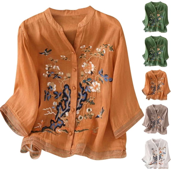 Womens Linen Tops 3/4 Sleeve Cotton Floral Embroidered Shirts Summer Dressy Casual Boho Blouses Loose Fit Tunic shirt White M
