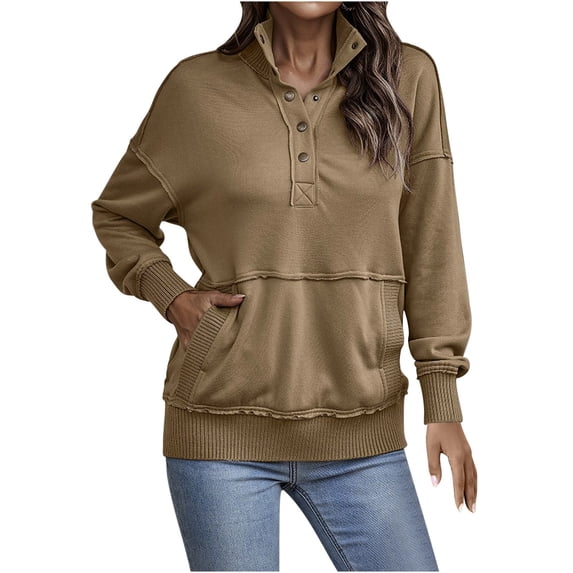 Womens Linen Tops Boho Plus Size Sweatshirt Clearance Winter Solid Pocket Lapel Button Top Sweater Long Sleeve Sweatshirt