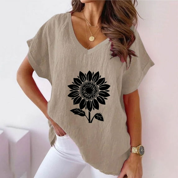 Womens Linen Tops Boho Women Plus Size Cotton Linen Sunflower Print Loose Summer V-Neck T-Shirt Top Oversized Short Sleeve Blouse Khaki
