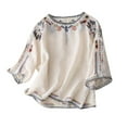 thumbnail image 1 of Womens Linen Tops Fashion Vintage Boho Embroidered Cotton-linen Tee Tops Summer 3/4 Sleeve Floral Shirts Casual Loose Peasant Blouses Lagenlook Tunic Top T-Shirt, 1 of 3