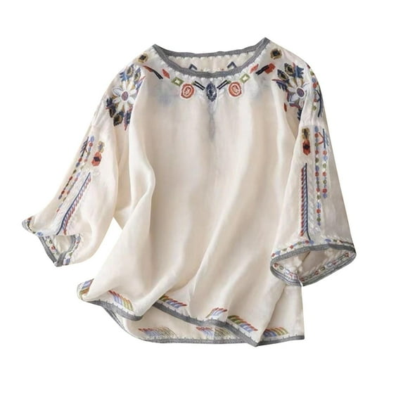 Womens Linen Tops Fashion Vintage Boho Embroidered Cotton-linen Tee Tops Summer 3/4 Sleeve Floral Shirts Casual Loose Peasant Blouses Lagenlook Tunic Top T-Shirt