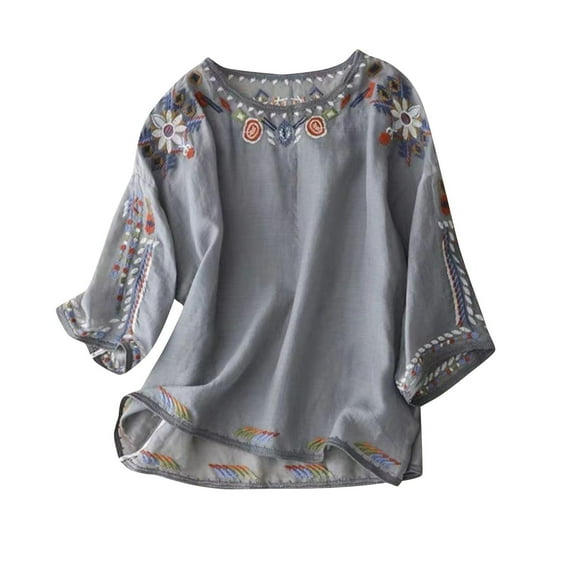 Womens Linen Tops Fashion Vintage Boho Embroidered Cotton-linen Tee Tops Summer 3/4 Sleeve Floral Shirts Casual Loose Peasant Blouses Lagenlook Tunic Top T-Shirt