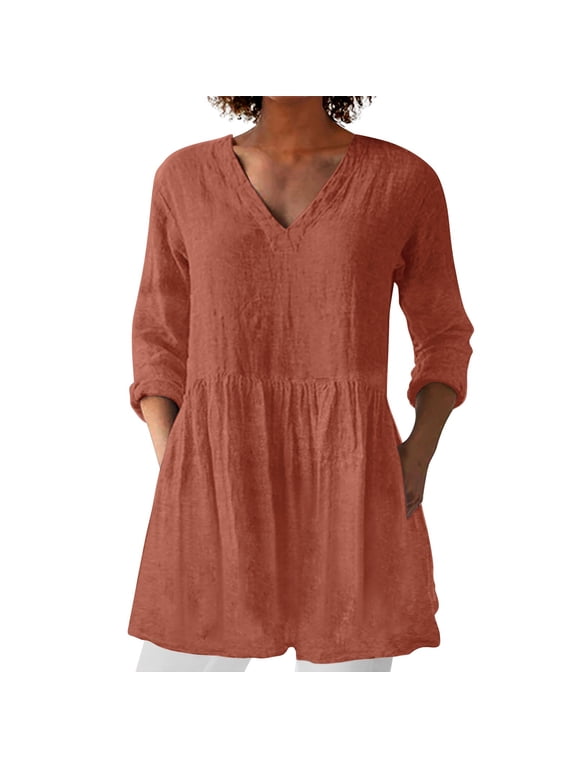 Womens Linen Tops Flowy Tops For Women V Neck Blouse Boho Peasant Gauze Blouses Womens Summer Tops Oversized Linen Shirts For Women Beach Vacation Tshirts Cotton Boho Tops Watermelon Red XL