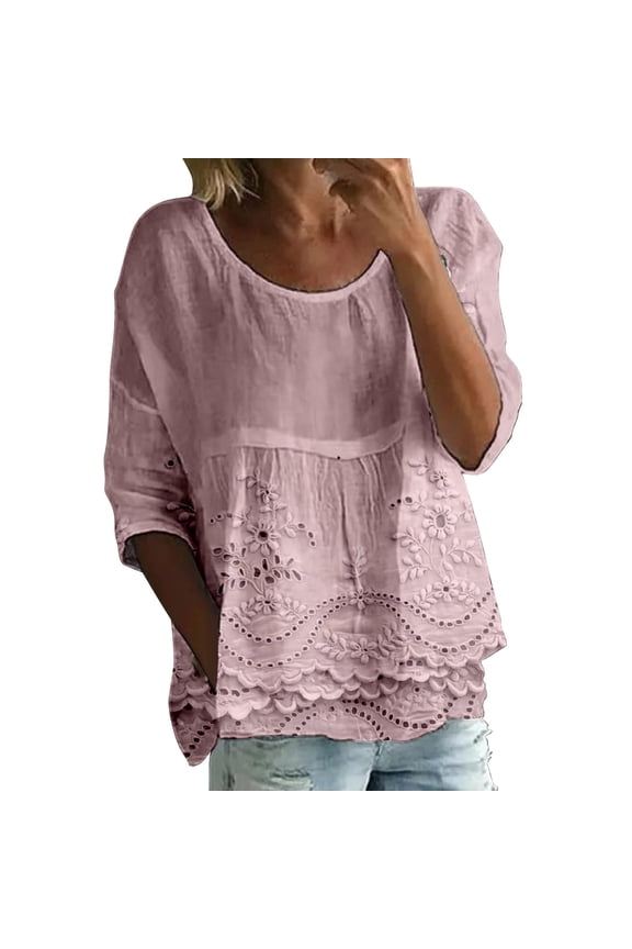 Womens Linen Tops Loose Fit Tee Shirt Women Gauze Popover Tops For Women Linen Blouses For Women Dressy Casual Cotton Tunic Blouses For Women Flowy Tops For Women Peasant Blouse