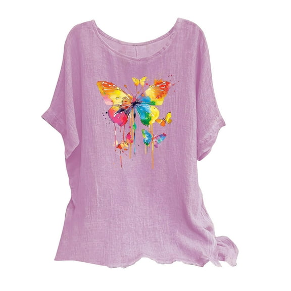 Womens Linen Tops Plus Size Summer Saving Casual Comfy Linen Shirts Crew Neck Graphic Tees M