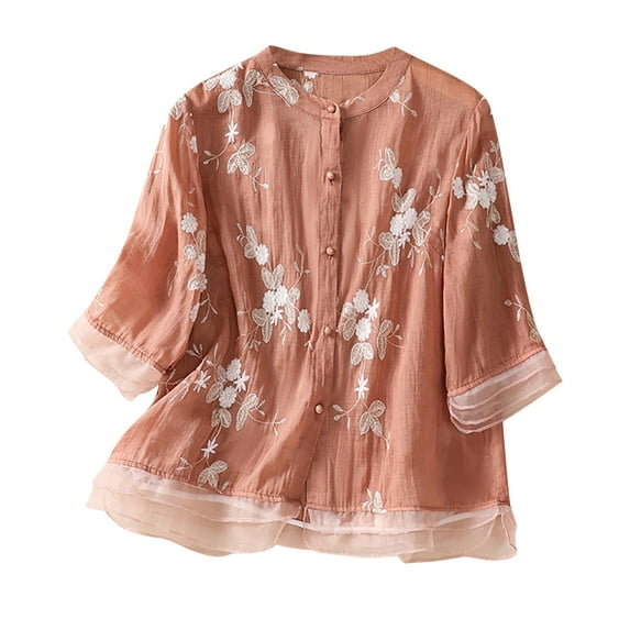 Womens Linen Tops Plus Size Summer New Round Neck Spring Linen Embroidery-point Sleeve Casual Fashion Shirt M