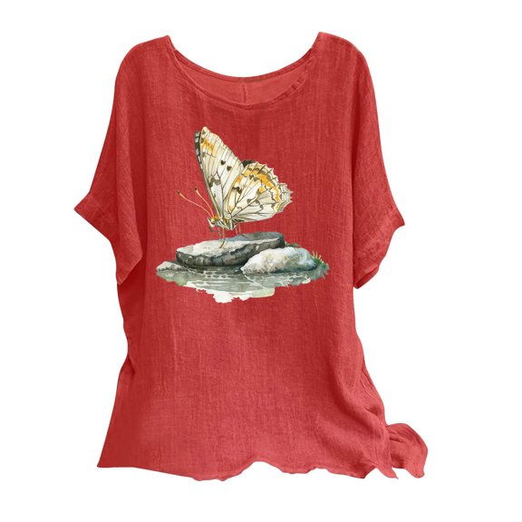 Womens Linen Tops Plus Size Summer Trendy Butterfly Graphic Thin Tops Crewneck Cute Blouse Office Daily 2XL