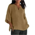 thumbnail image 1 of Womens Linen Tops Sale, Summer Solid Color Casual Plus Size Shirts Loose V-Neck 3/4 Length Sleeve Side Slit Blouses Soft Lightweight Cotton Linen Tops Leisure Blouse S-XXL, 1 of 5