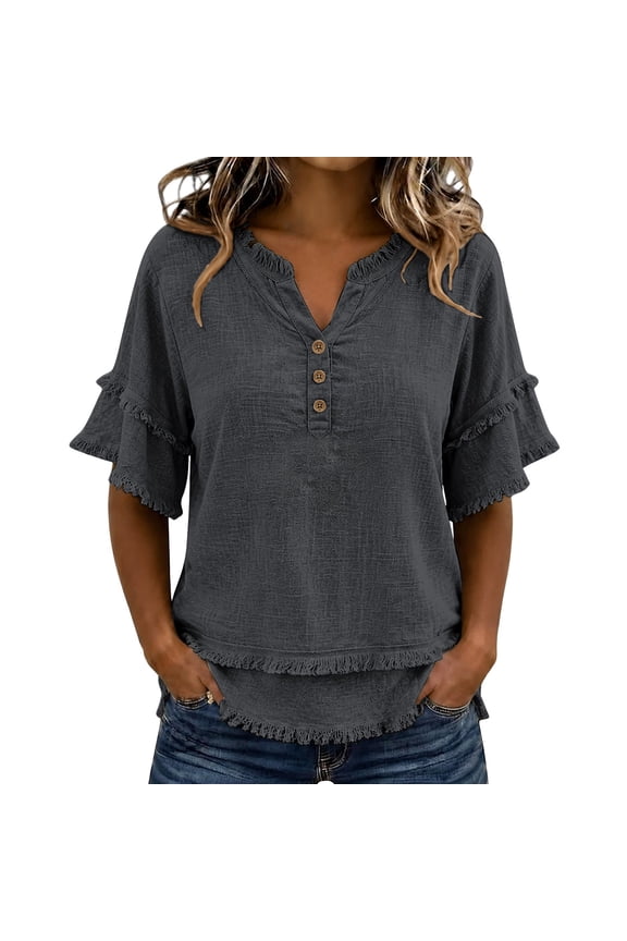 Womens Linen Tops Short Sleeve V Neck Fringe Retro Shirt Comfy Raw Hem Cute Vintage Peasant Casual Boho Shirts Baggy Lounge Beach Blouses by Comdrip Dark Gray M