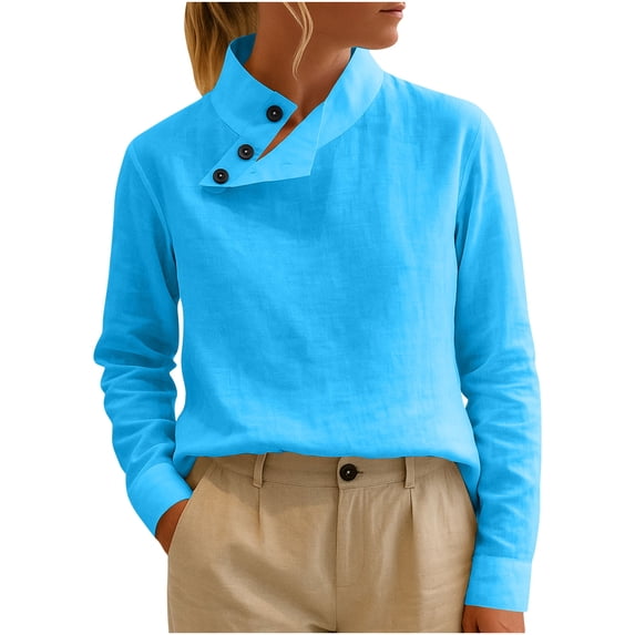 Womens Linen Tops Side Button up Stand Collar Long Sleeve Shirts Solid Color Lightweight Casual Spring Blouses (L, Sky Blue)